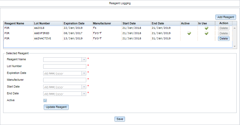 Screen image: The Reagent Logging page.