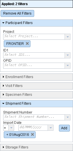 Screen image: The filters panel, with the FRONTIER project filter applied