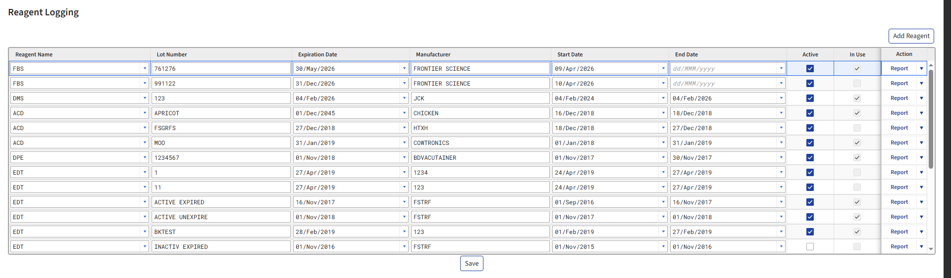 Screen image: The Reagent Logging page.