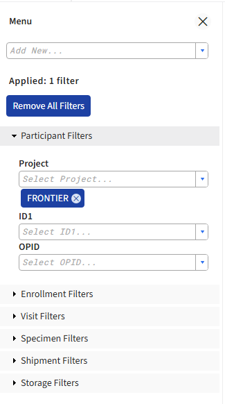 Screen image: The filters panel, with the FRONTIER project filter applied