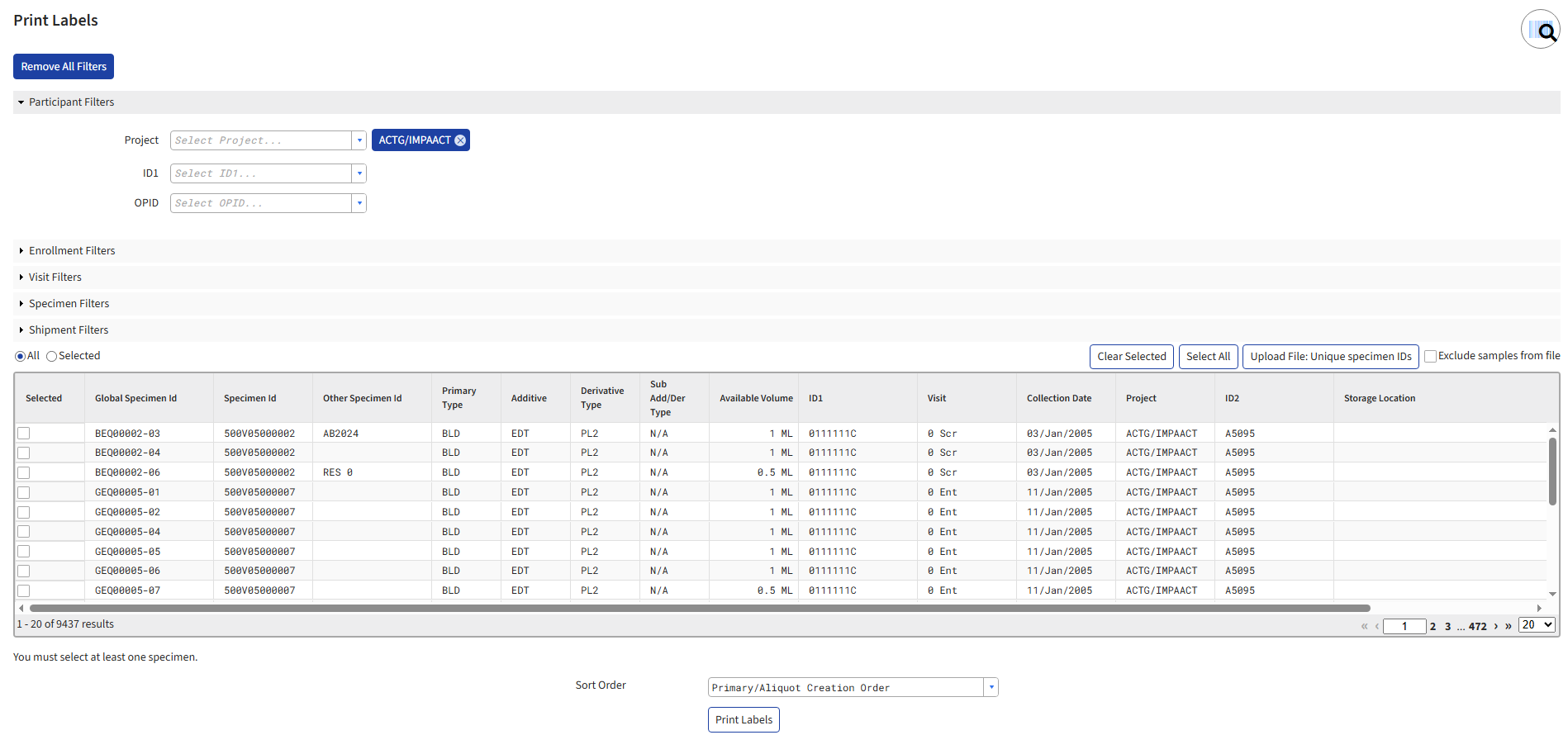 Screen image: The label generation page.