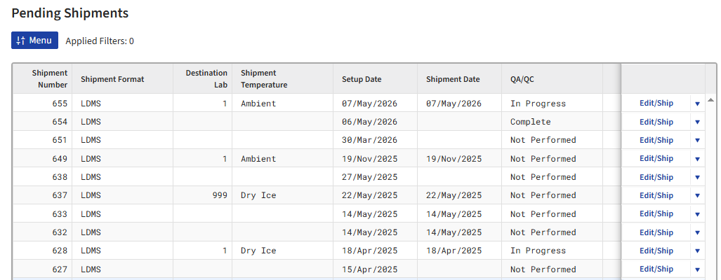 Screen image: The pending shipments page