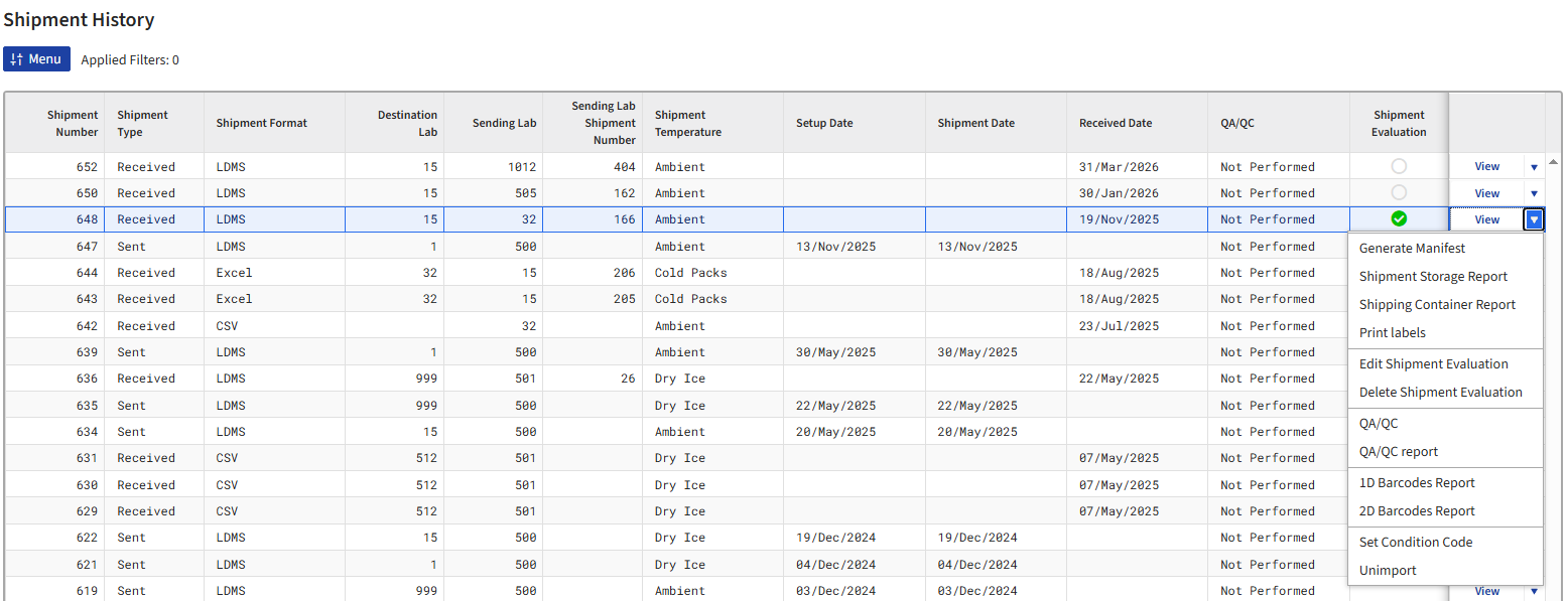Screen image: The Shipment History page