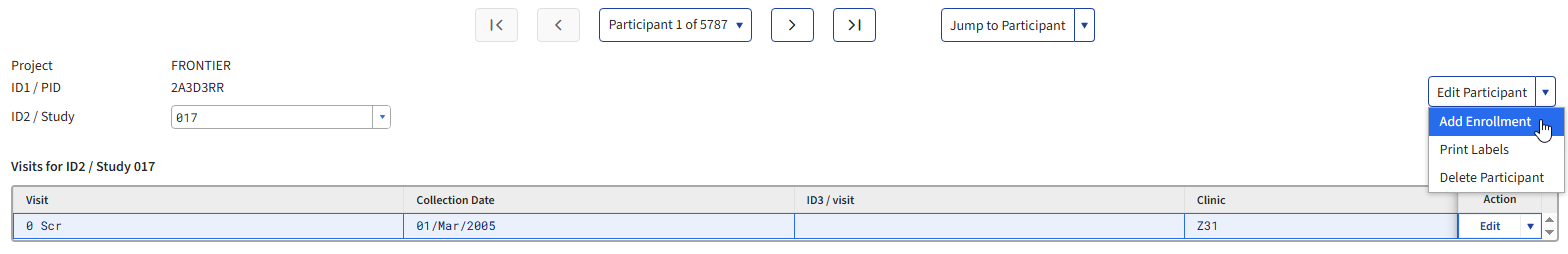 Screen image: Adding a new enrollment to a participant