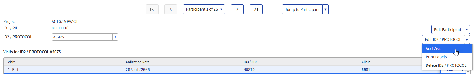 Screen image: Shows Add Visit menu option selected.
