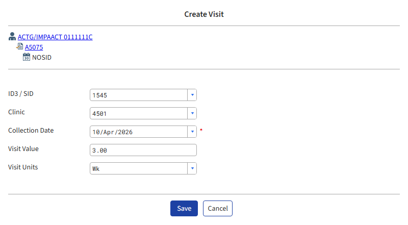 Screen image: The Add Visit window, with visit information completed.