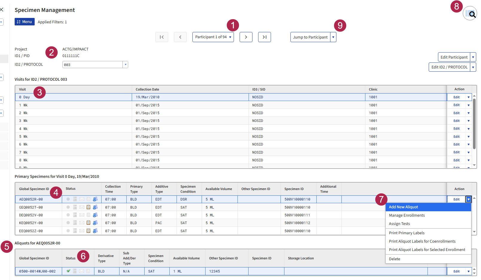 Figure: The specimen management page with numbered callouts.