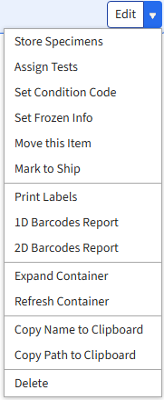 Screen image: The Edit container menu opened.