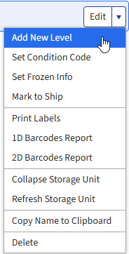 Screen image: The edit storage unit button, with sub-menus displayed.