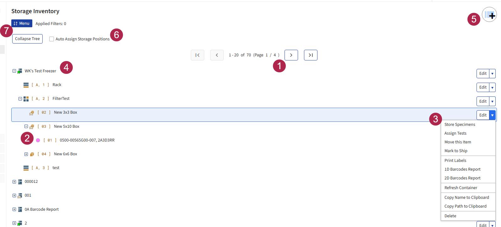 Figure: Screen image of the Storage page with numbered call outs.