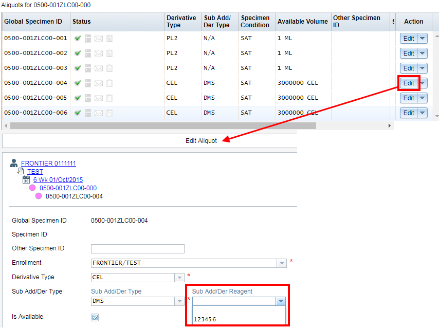 Screen image: Selecting a sample to link to a reagent lot in Specimen Management.