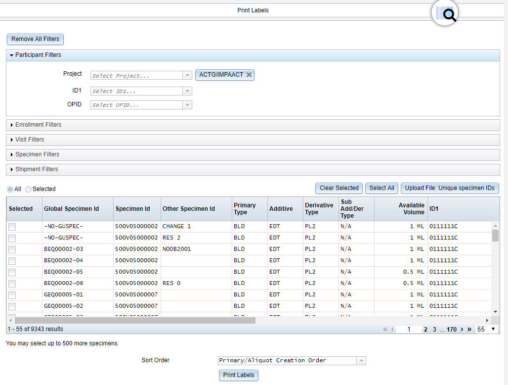 Screen image: The label generation page.