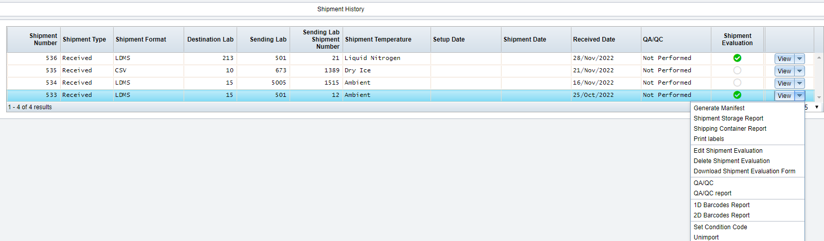 Screen image: The Shipment History page