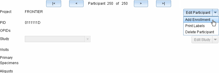 Screen image: Adding a new enrollment to a participant