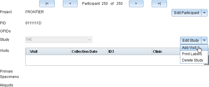 Screen image: Shows Add Visit menu option selected.
