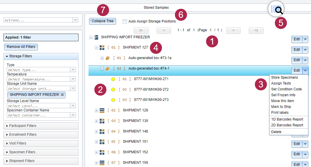 Figure: Screen image of the Storage page with numbered call outs.